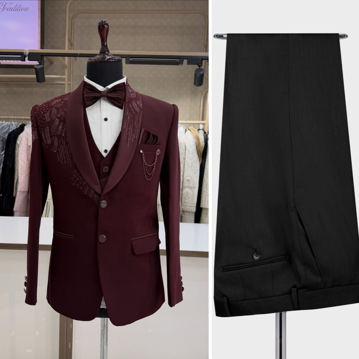 Men Formal Wear Modern - 3 Parça Damatlık Smokin Boncuklu Kristal