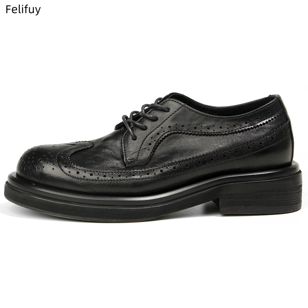 Men Formal Wear All Black - Siyah Derby ayakkabıları Vintage oymalı dana